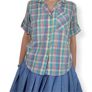 Vintage 1970s Bright Pastel Plaid Button Up 16